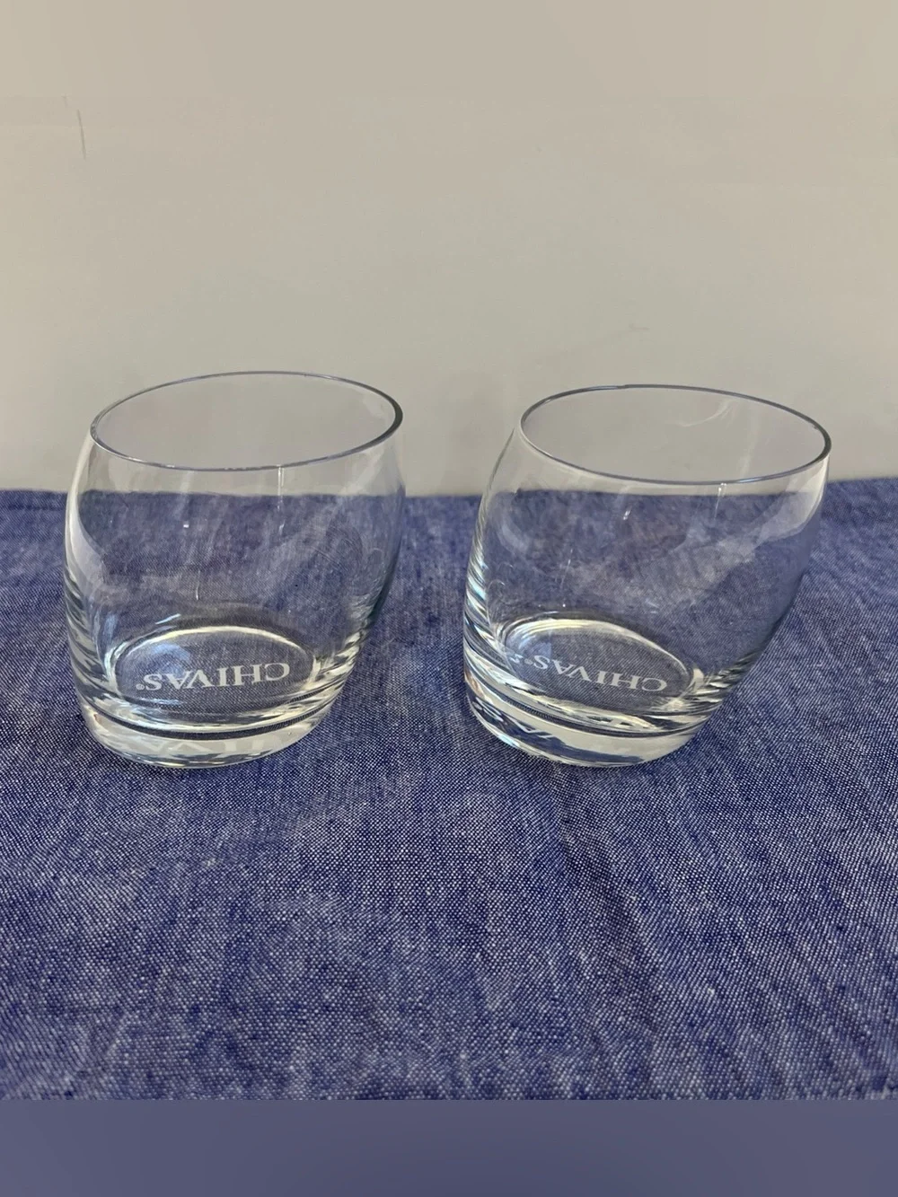 Whiskey Chivas Regal Scotch Set of 2 Rocks Lowball Glasses Slanted Tilted Etched